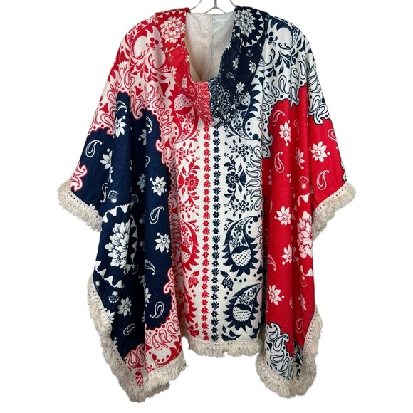 Agua Bendita, Women’s ‘Delailah’ Towel Poncho Cover-Up Paisley Blue/Red One Size - Picture 5 of 17